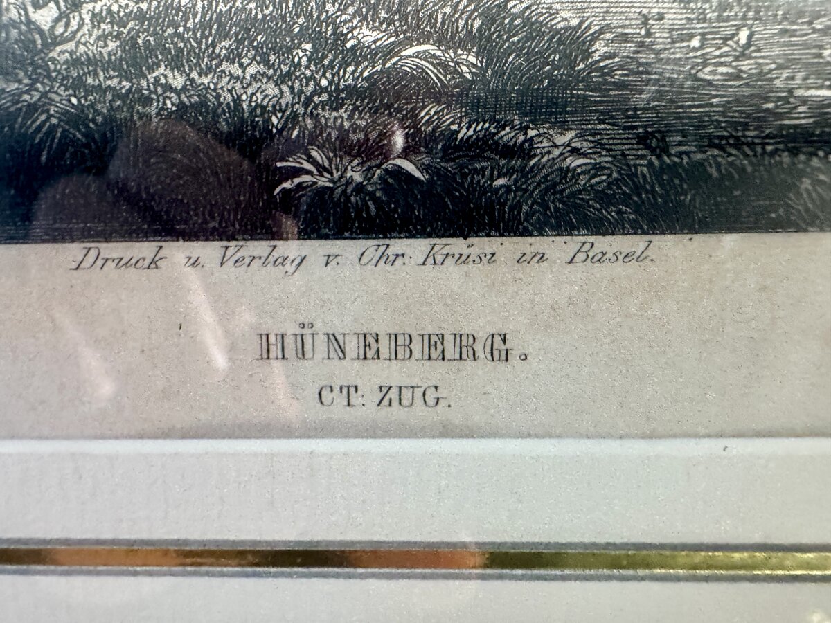 Hüneberg, Kanton Zug – Romantische Burgruine mit Sturmstimmung, Stahlstich von C. Huber — Inschrift