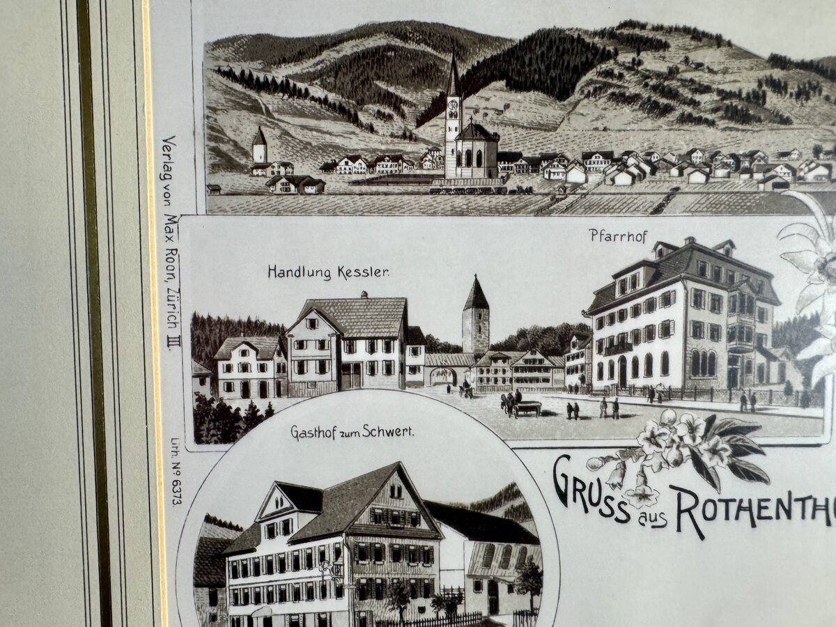Gruss aus Rothenthurm – Lithographie-Mehrbildkarte, Verlag Max Roon Zürich, um 1900 — Inschrift