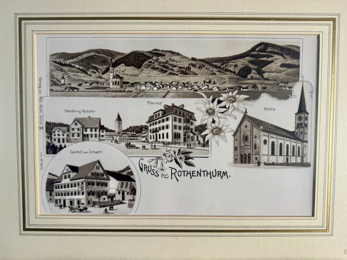 Gruss aus Rothenthurm – Lithographie-Mehrbildkarte, Verlag Max Roon Zürich, um 1900 — Vorderseite