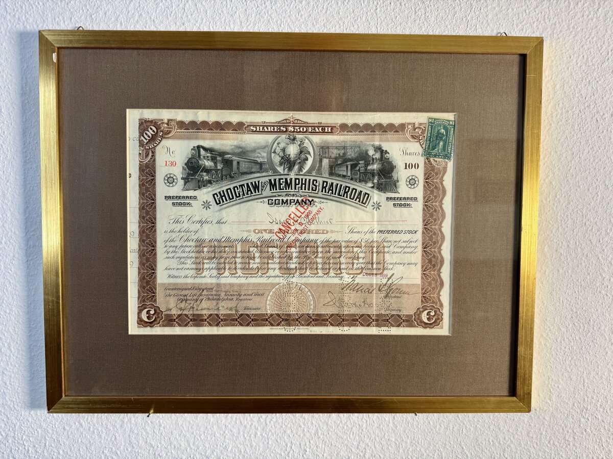 Choctaw and Memphis Railroad Company – Preferred Stock Certificate, 100 Shares, 1898, framed — Vorderseite