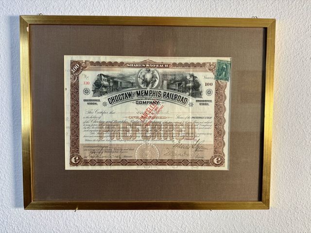 Choctaw & Memphis Railroad – Aktienzertifikat 1898, gerahmt