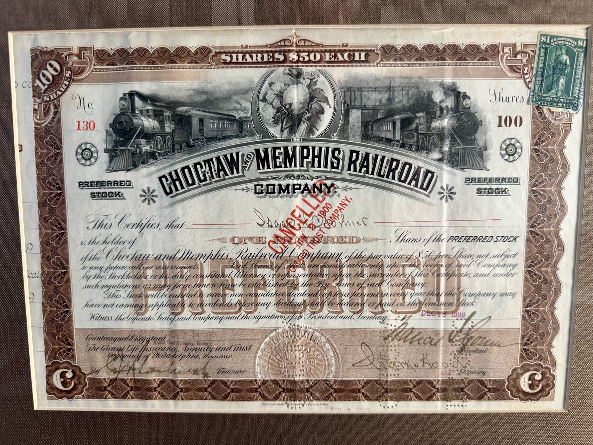 Choctaw and Memphis Railroad Company – Preferred Stock Certificate, 100 Shares, 1898, framed — Vorderseite