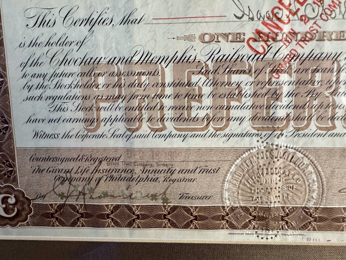 Choctaw and Memphis Railroad Company – Preferred Stock Certificate, 100 Shares, 1898, framed — Inschrift