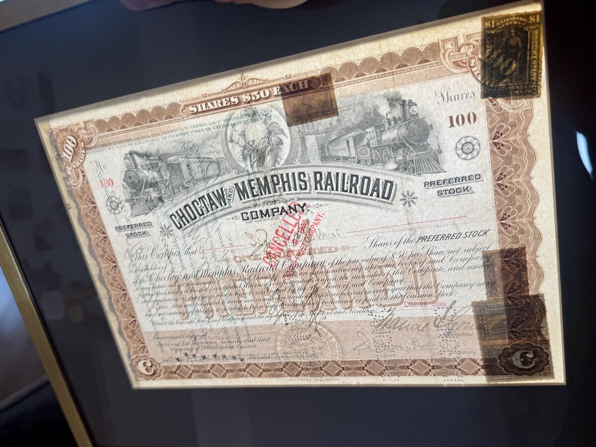 Choctaw and Memphis Railroad Company – Preferred Stock Certificate, 100 Shares, 1898, framed — Vorderseite