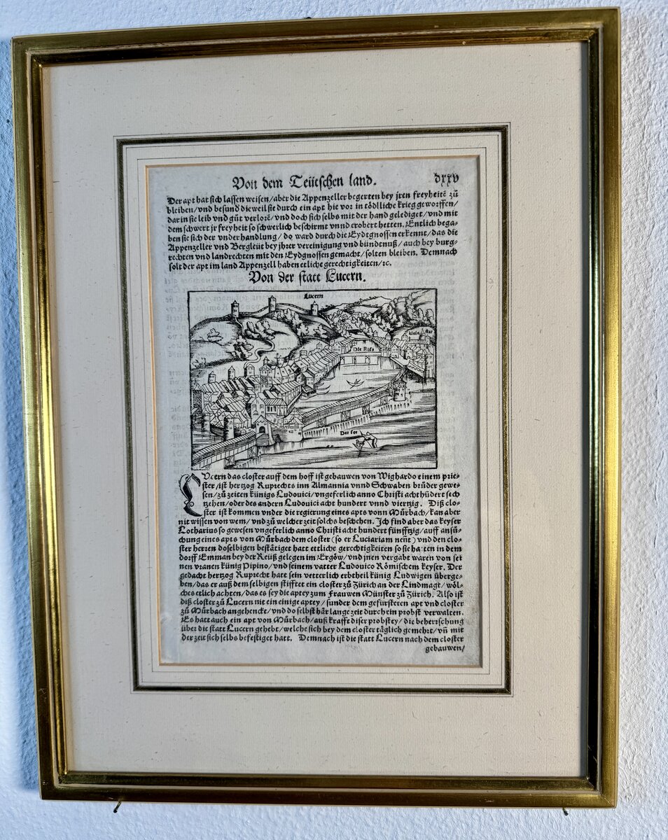 Sebastian Münster – Stadtansicht von Luzern aus der Cosmographia, Originalholzschnitt 16. Jh. — Vorderseite
