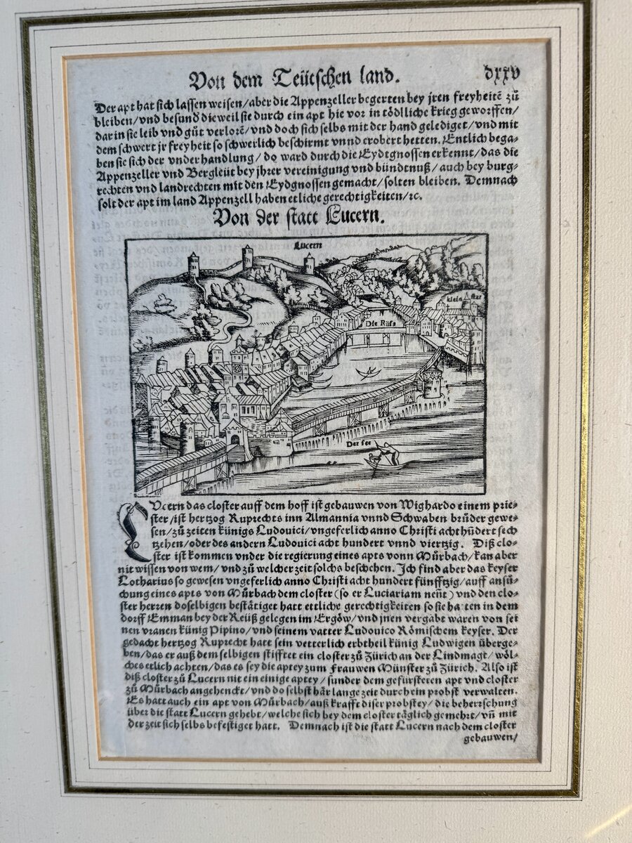 Sebastian Münster – Stadtansicht von Luzern aus der Cosmographia, Originalholzschnitt 16. Jh. — Vorderseite