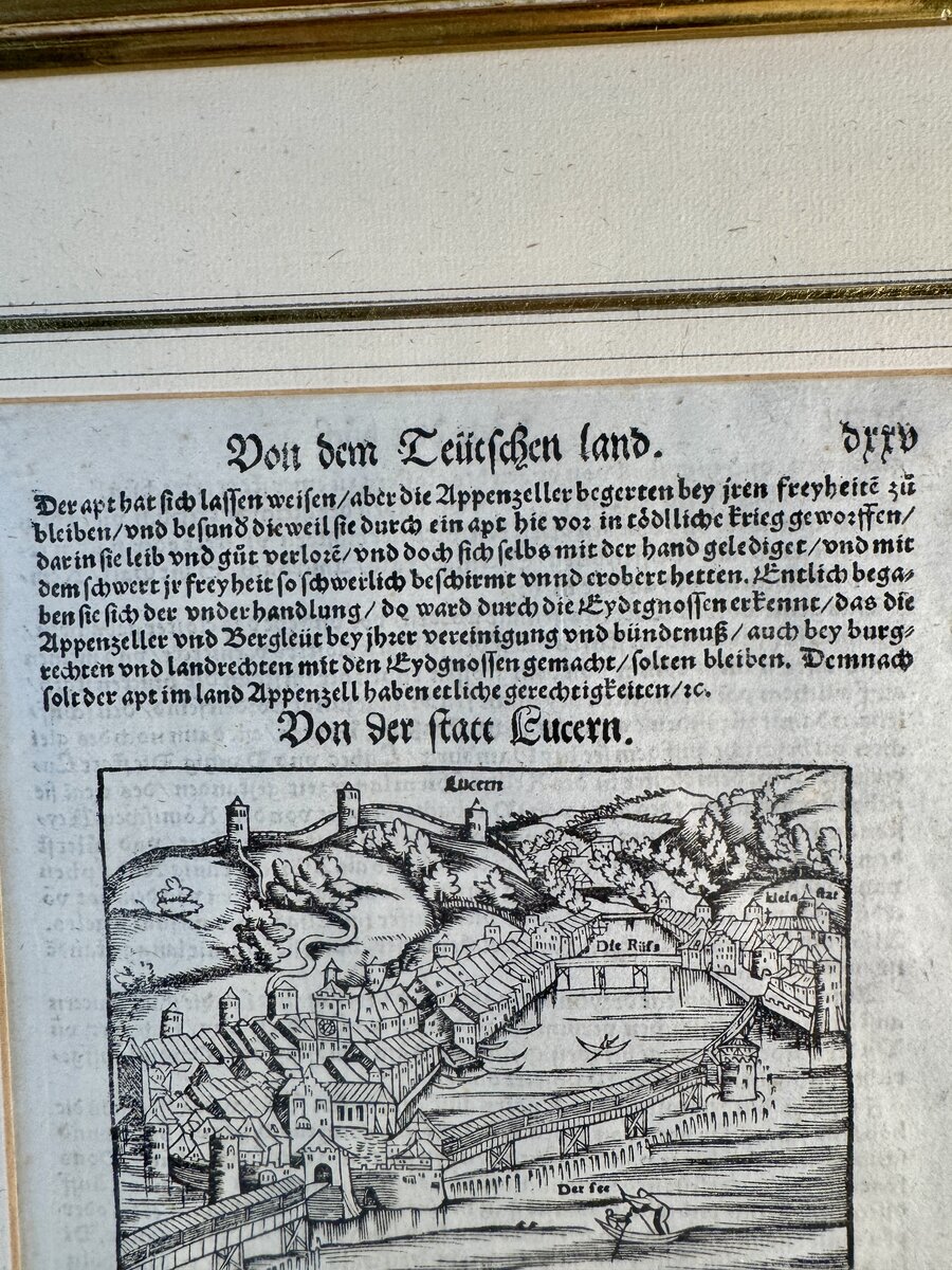 Sebastian Münster – Stadtansicht von Luzern aus der Cosmographia, Originalholzschnitt 16. Jh. — Inschrift