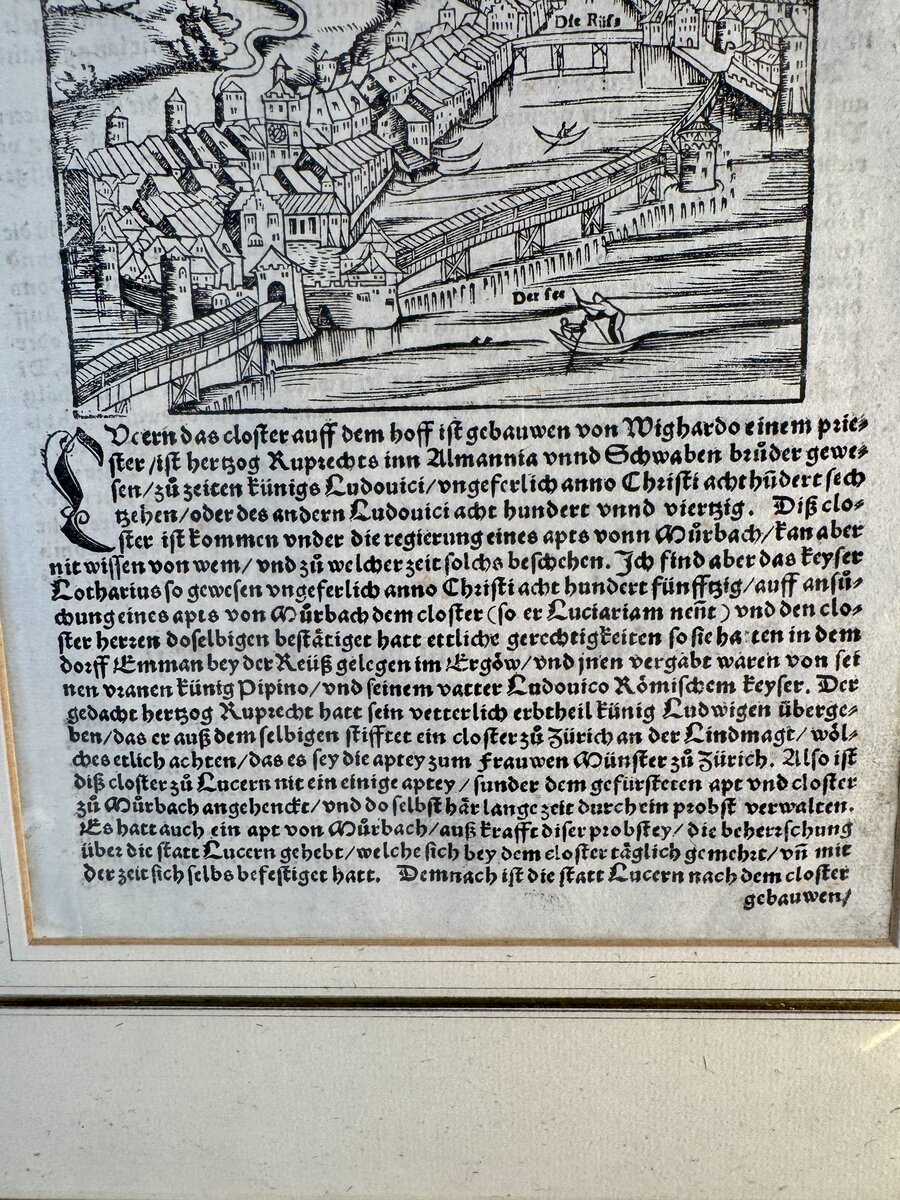 Sebastian Münster – Stadtansicht von Luzern aus der Cosmographia, Originalholzschnitt 16. Jh. — Inschrift