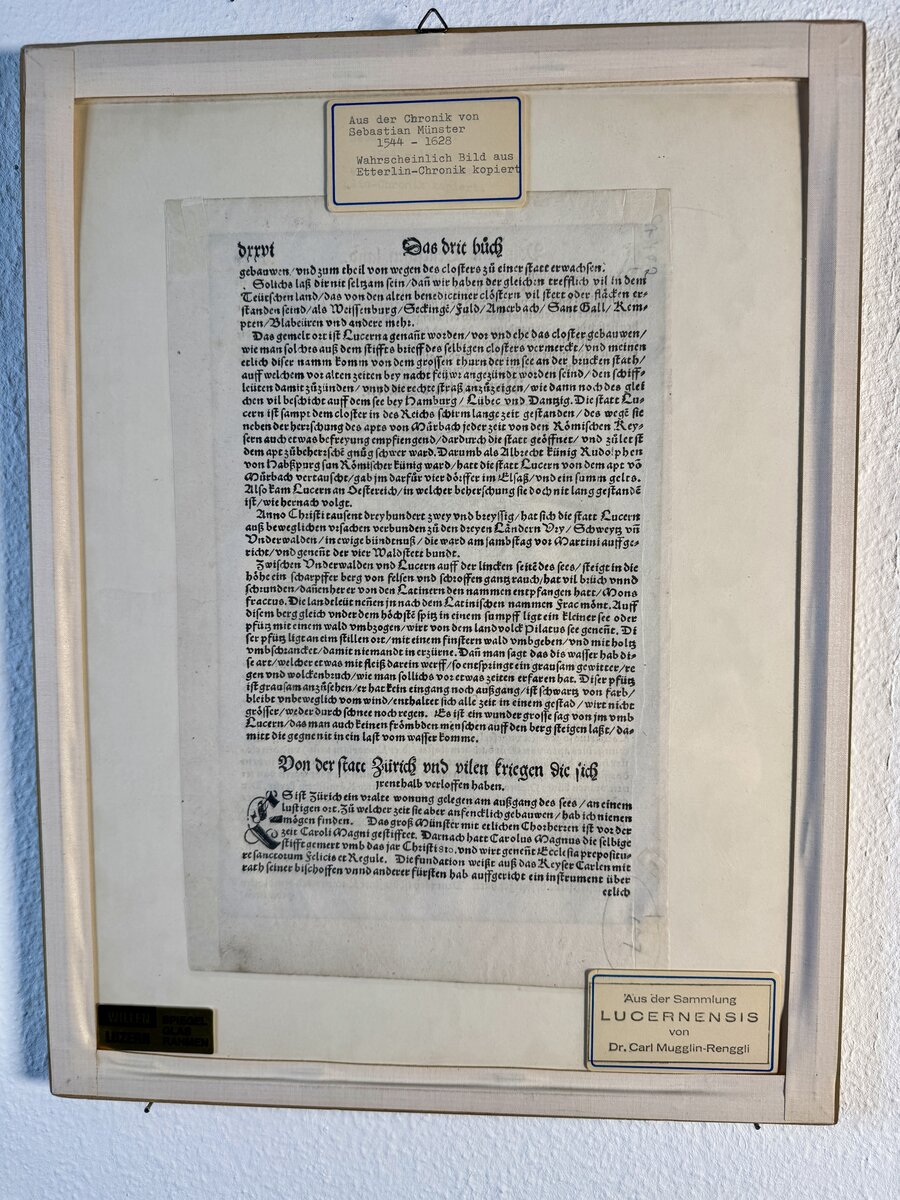 Sebastian Münster – Stadtansicht von Luzern aus der Cosmographia, Originalholzschnitt 16. Jh. — Rückseite