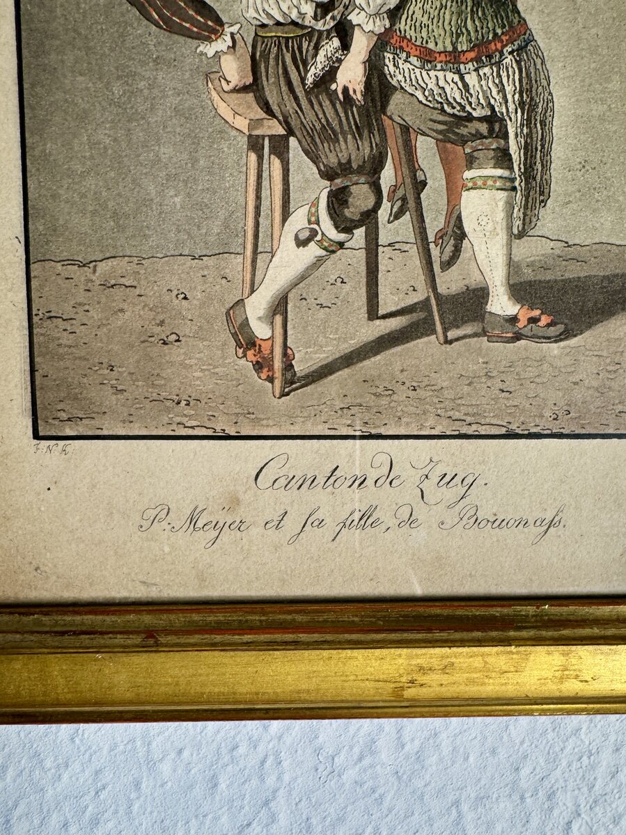 Canton of Zug – P. Meyer and His Daughter from Baar, Hand-Coloured Costume Engraving c. 1800 — Inschrift