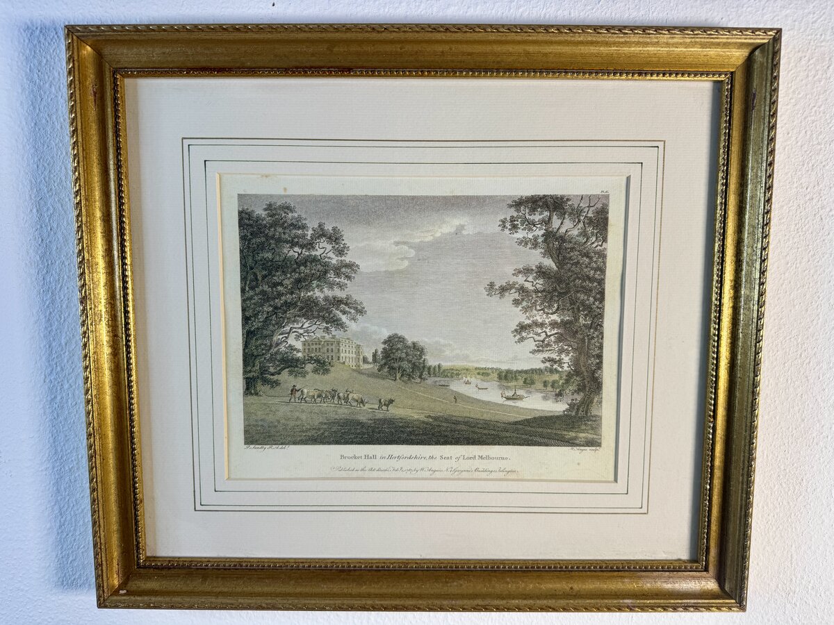 Brocket Hall in Hertfordshire, Landsitz von Lord Melbourne – kolorierter Kupferstich nach Paul Sandby, 1787 — Vorderseite