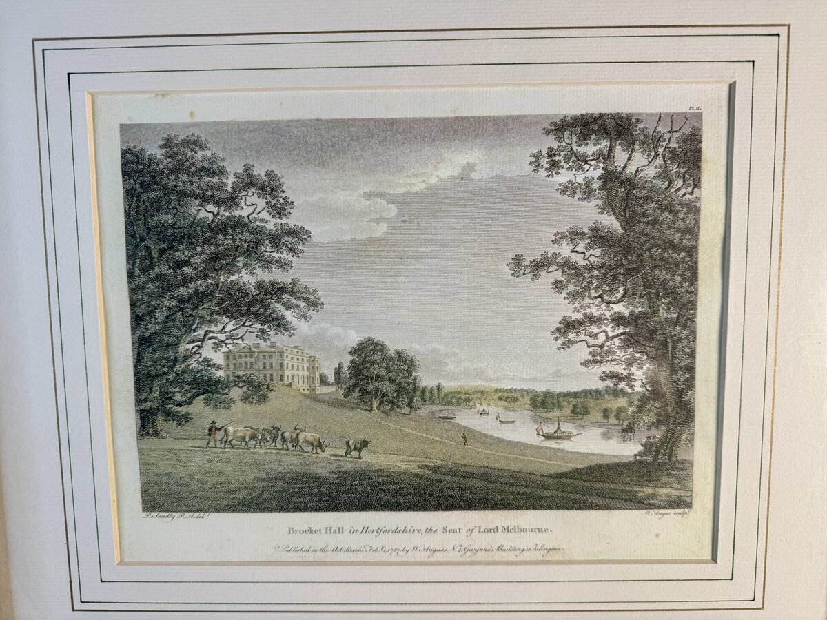 Brocket Hall in Hertfordshire, Landsitz von Lord Melbourne – kolorierter Kupferstich nach Paul Sandby, 1787 — Vorderseite