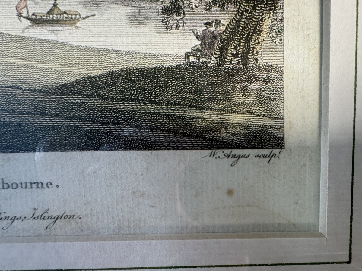 Brocket Hall in Hertfordshire, Landsitz von Lord Melbourne – kolorierter Kupferstich nach Paul Sandby, 1787 — Signatur