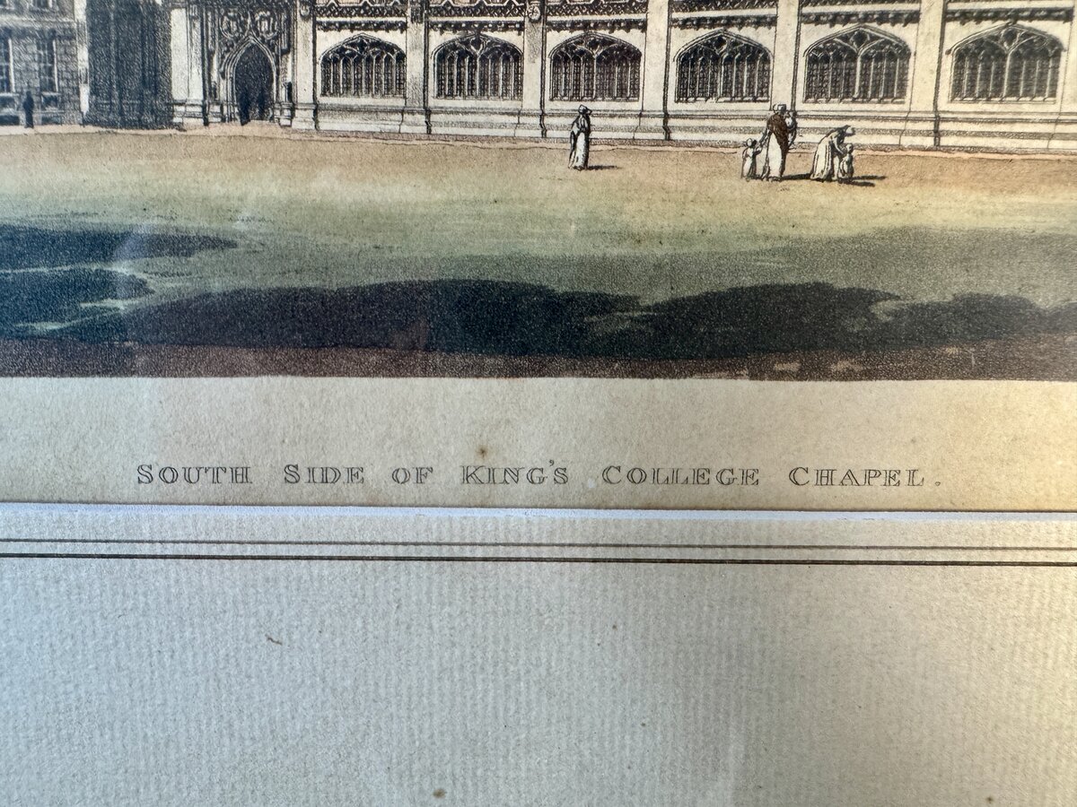 South Side of King's College Chapel, Cambridge – Hand-Coloured Engraving after F. Mackenzie, Engraved by D. Havell — Inschrift