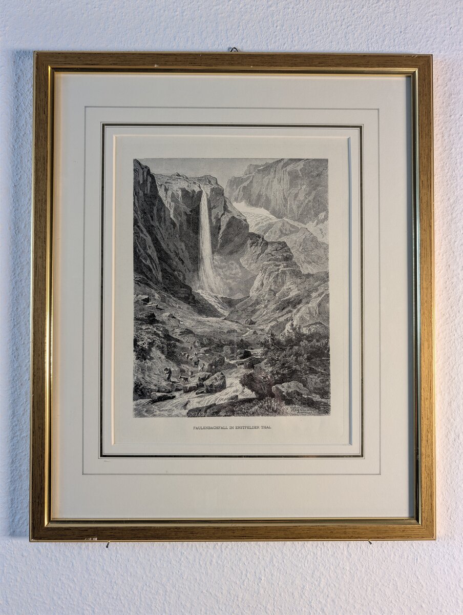 Faulenbach Falls in the Erstfeld Valley — Original Wood Engraving of an Alpine Scene in Uri