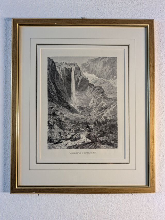 Faulenbachfall im Erstfelder Thal — Holzstich Uri, gerahmt