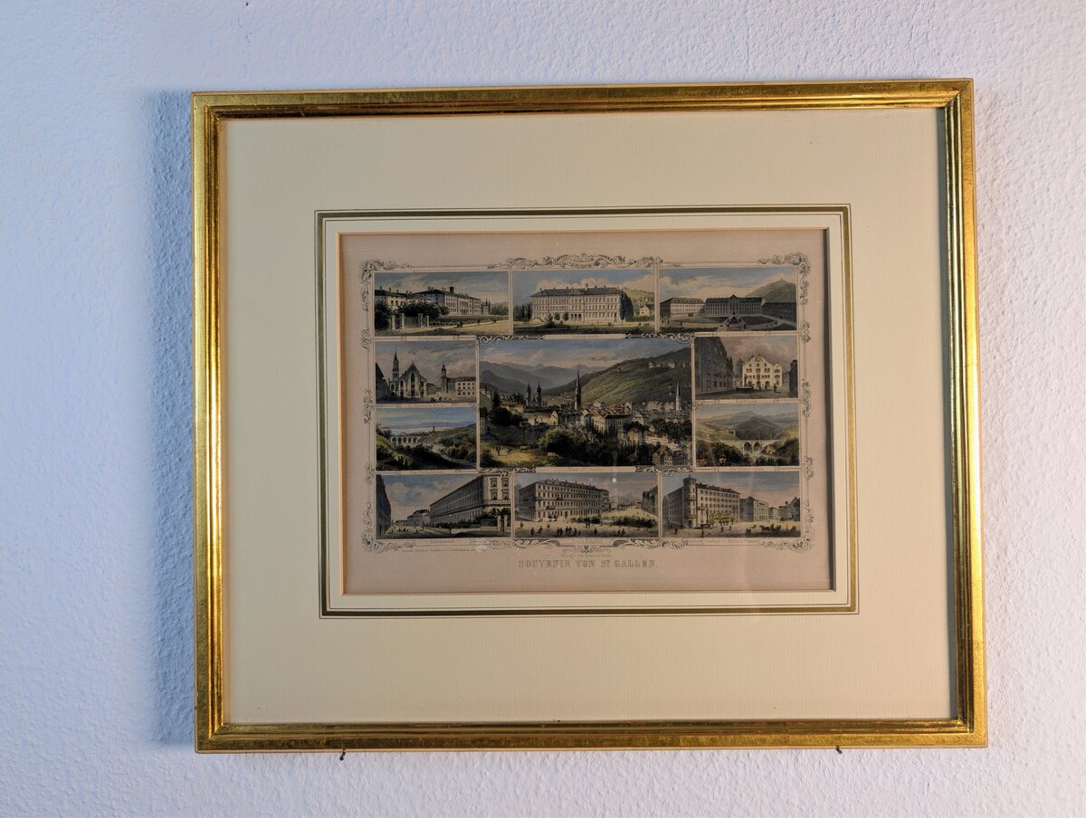 Souvenir von St. Gallen – Hand-Coloured Original Steel Engraving with Eleven City Views, circa 1860