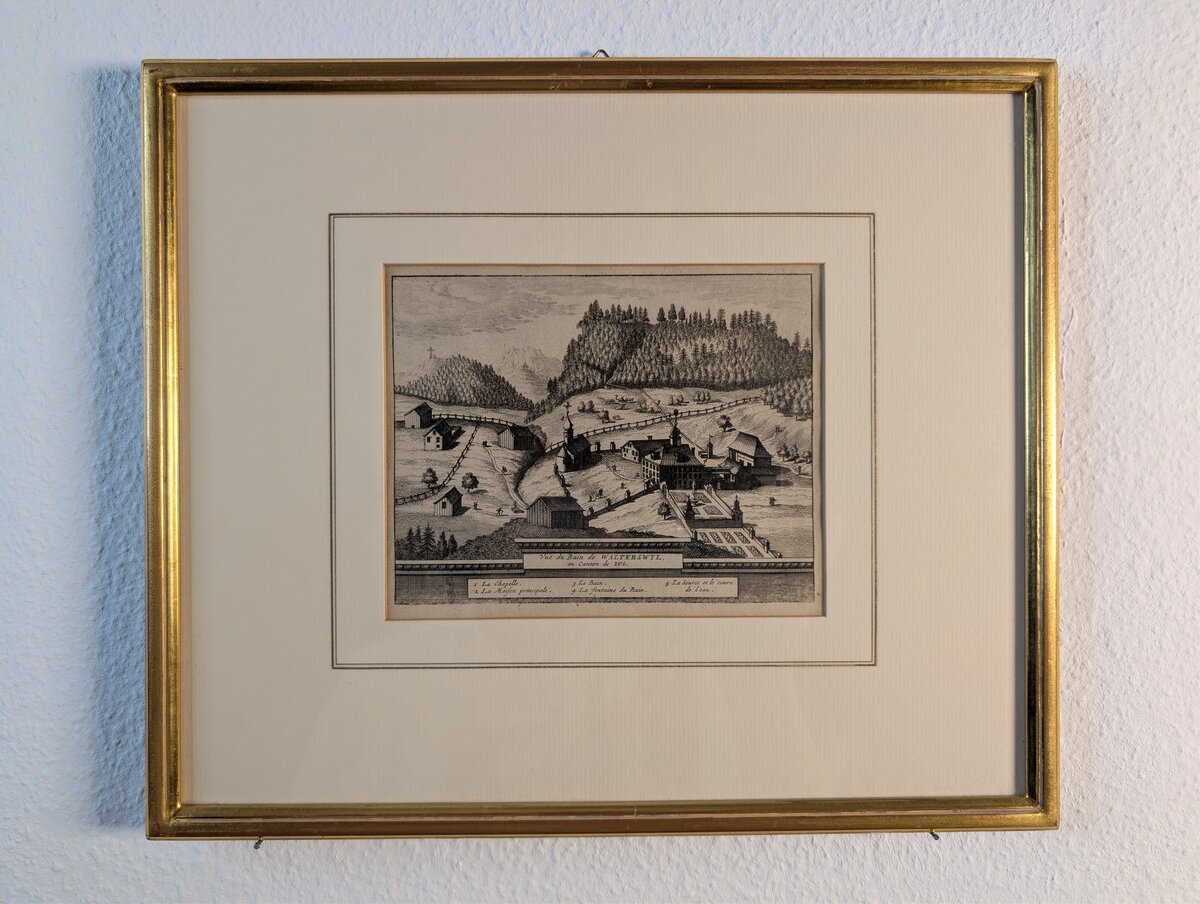 Vue du Bain de Walterswyl im Kanton Zug – Kupferstich von Pieter van der Aa, um 1730