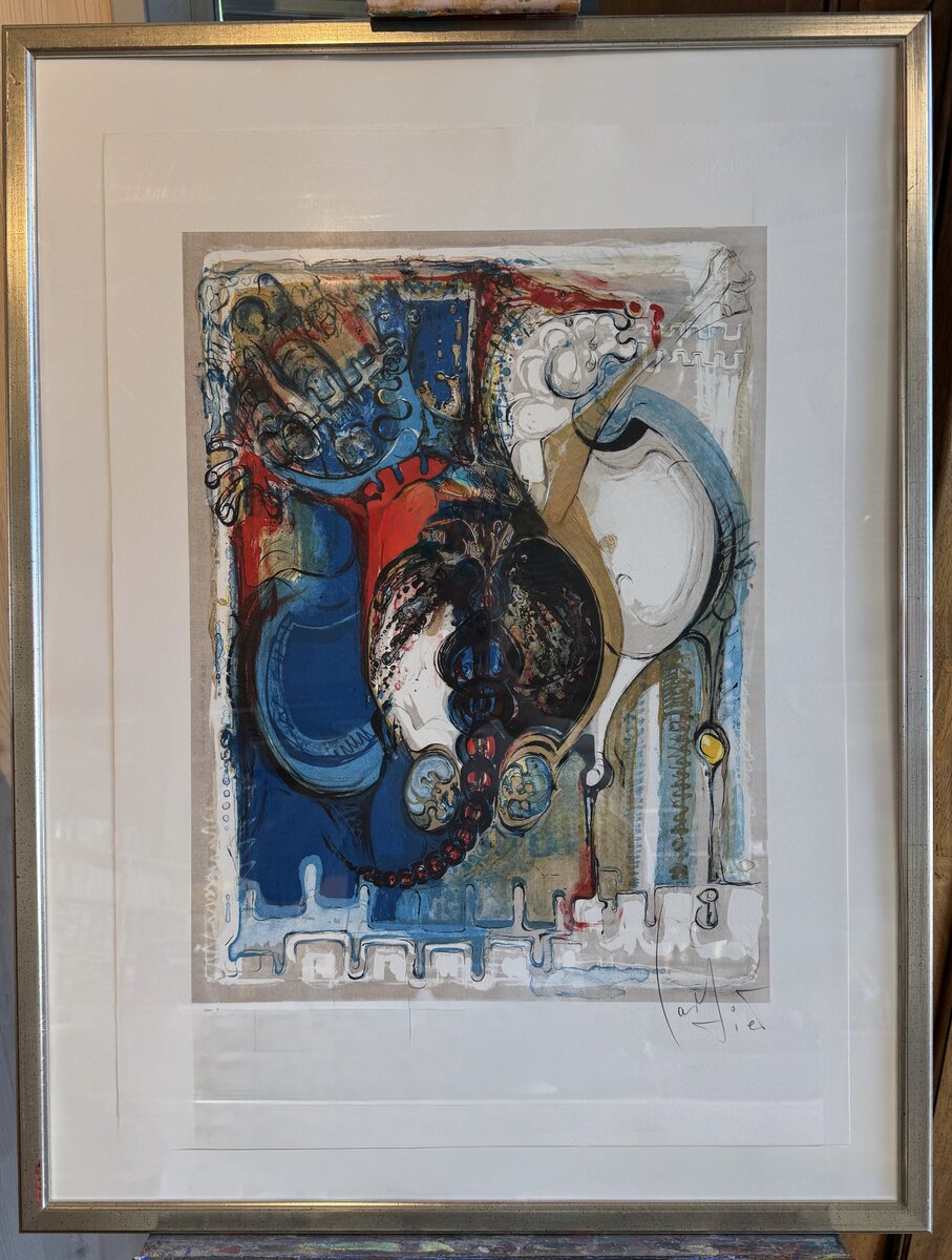 Abstrakte Farblithografie – Komposition in Blau, Rot und Ocker, handsigniert, Auflage 15/197