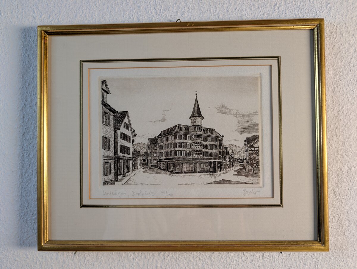 Unterägeri, Dorfplatz — Original-Radierung von Werner Bader, handsigniert, nummeriert 65/150