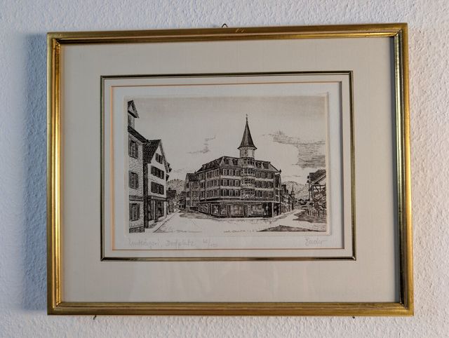 Unterägeri Dorfplatz — Radierung W. Bader, sign. 65/150