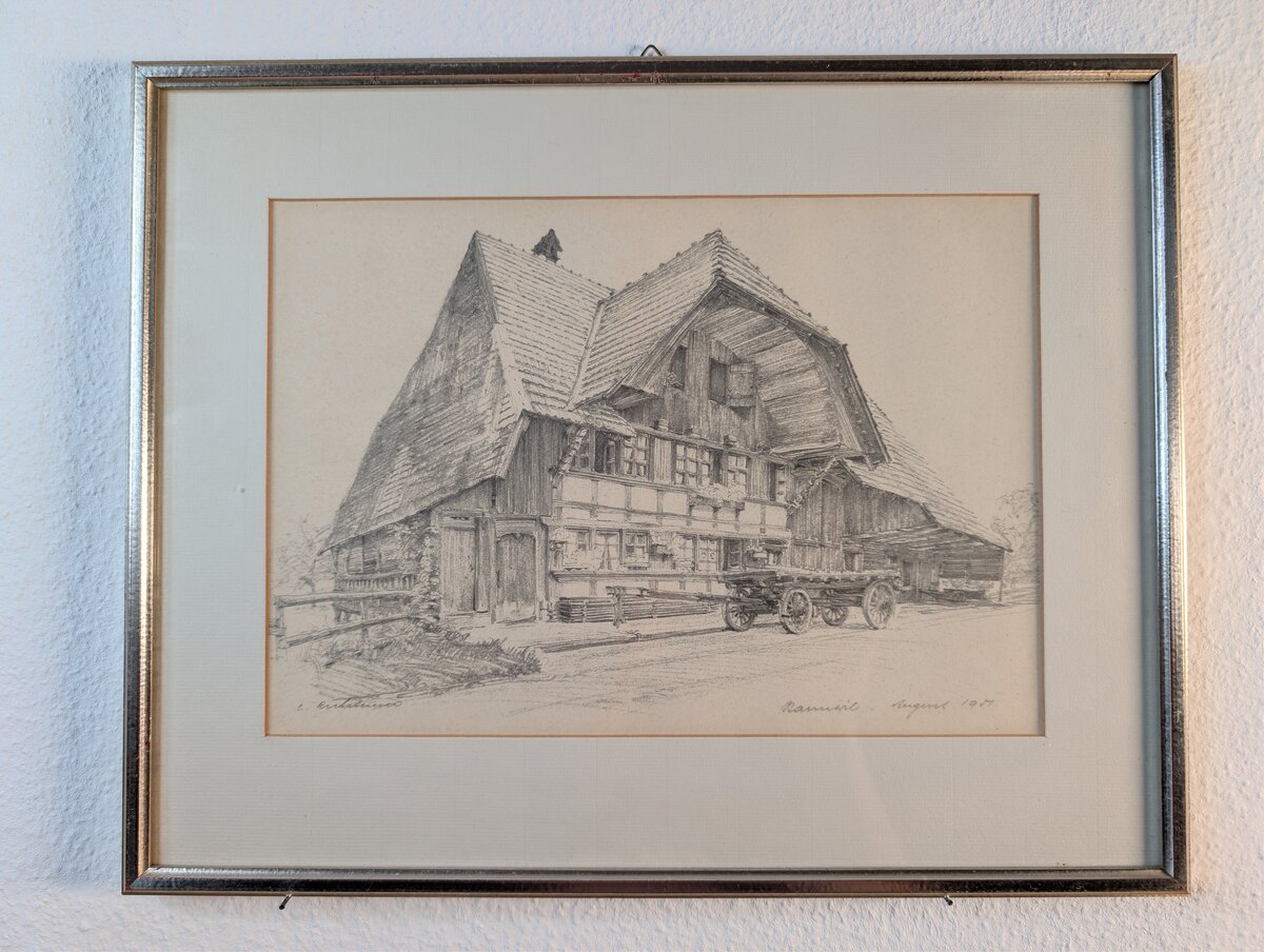 Berner Bauernhaus mit Leiterwagen – Bleistiftzeichnung, Rainwil, August 1951