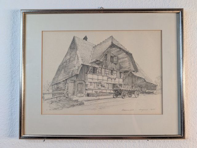 Berner Bauernhaus mit Leiterwagen – Bleistiftzeichnung 1951