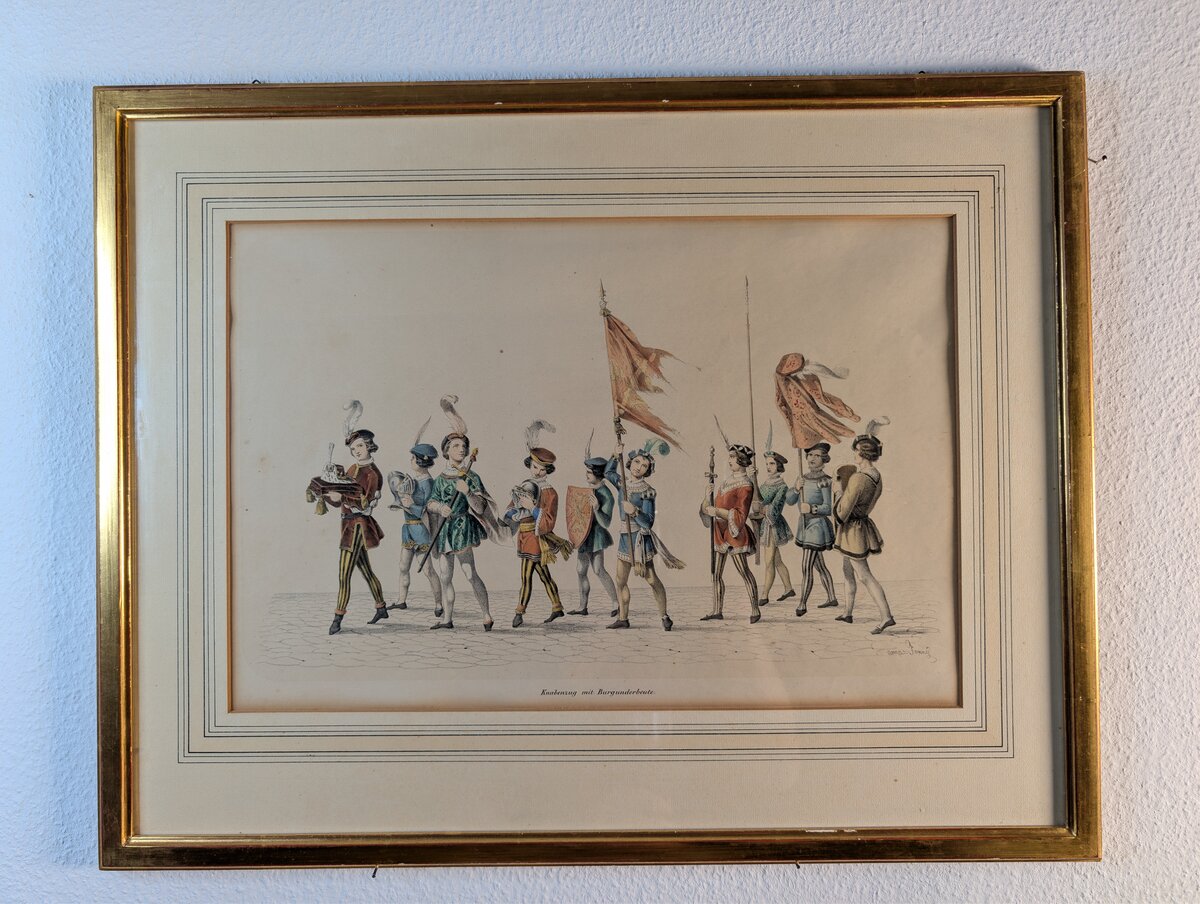 Knabenzug mit Burgunderbeute – Kolorierte Lithographie nach Jenny, Schweizer Historienszene