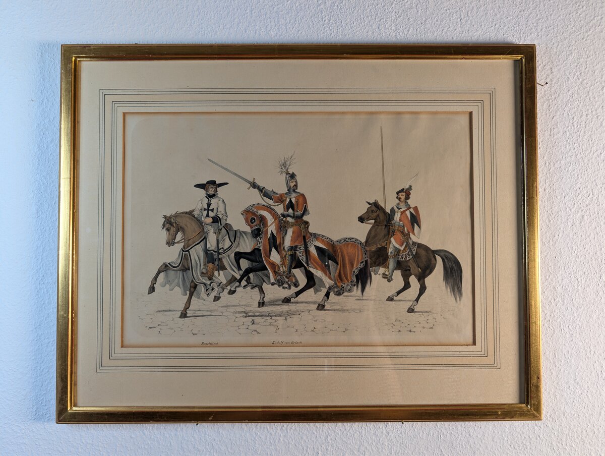 Rudolf von Erlach und Baselwind — Drei Schweizer Ritter des Mittelalters, kolorierte Lithographie