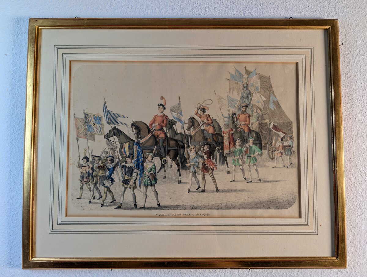 Triumphwagen mit dem Zelte Karls von Burgund – Historische Festzug-Lithographie, handkoloriert