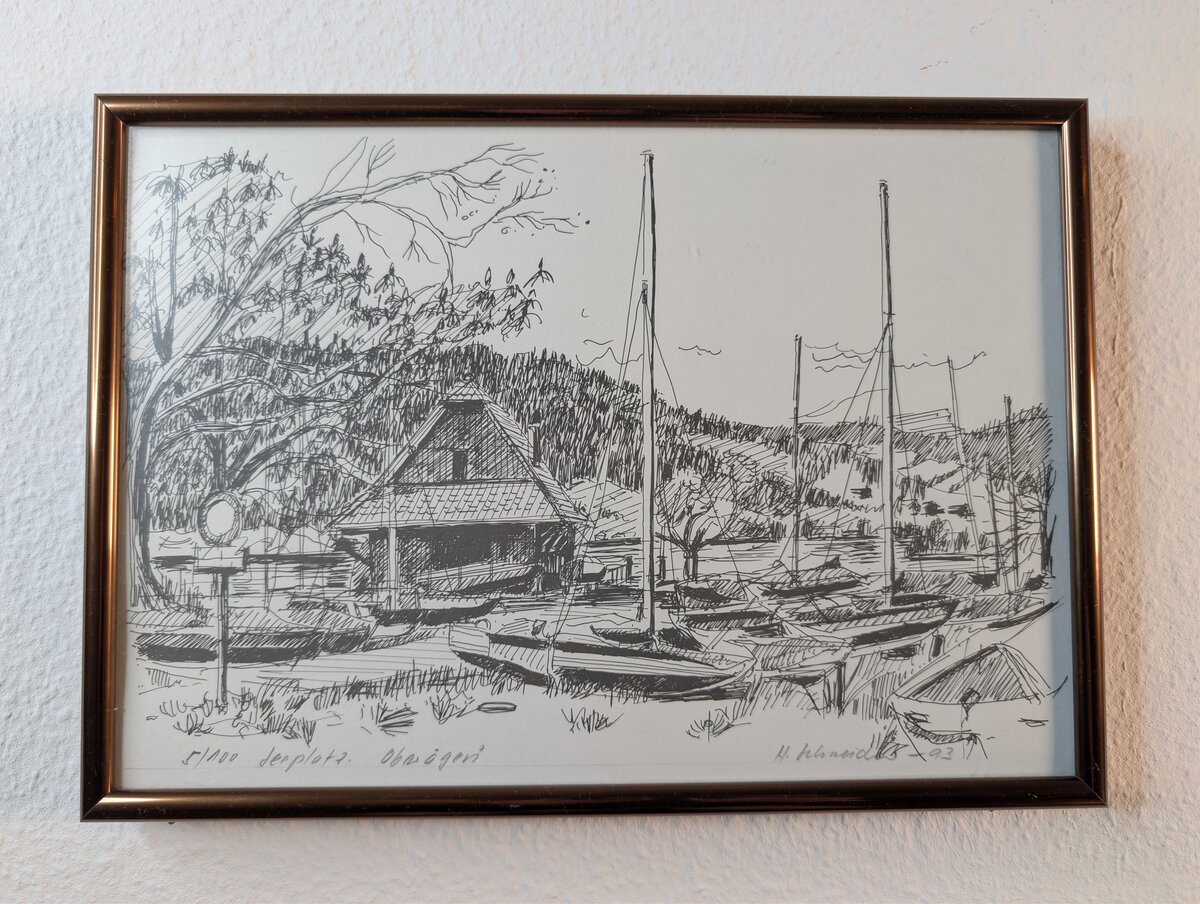 Dorfplatz Oberägeri – Signierte Federzeichnung / Lithographie von H. Schneider, 1993
