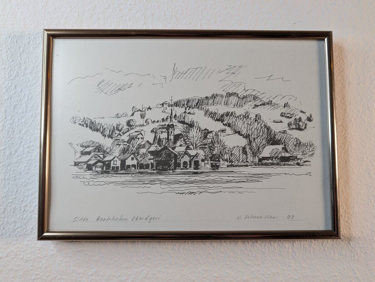 Boat Houses at Oberägeri – Signed Pen Drawing / Lithograph, Edition 5/100