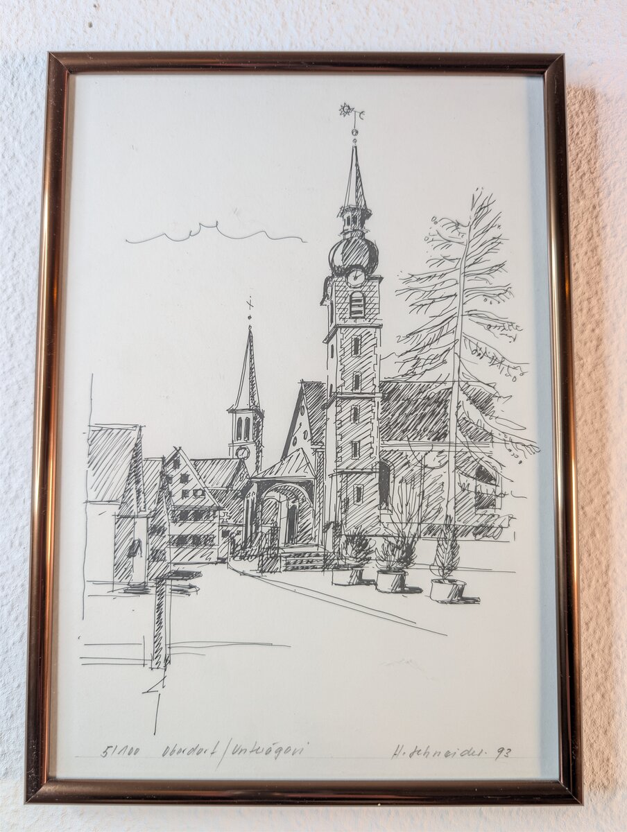 Oberdorf / Unterägeri – Dorfkirche, signierte Federzeichnung von H. Schneider (1993)