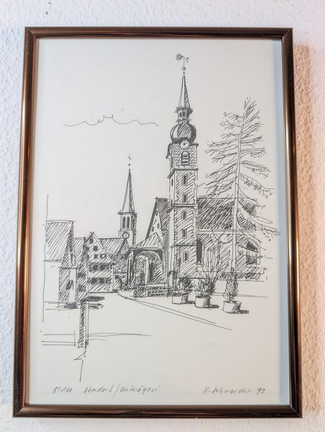 Oberdorf/Unterägeri – Kirche, Tuschezeichnung H. Schneider 1993 (51/100)