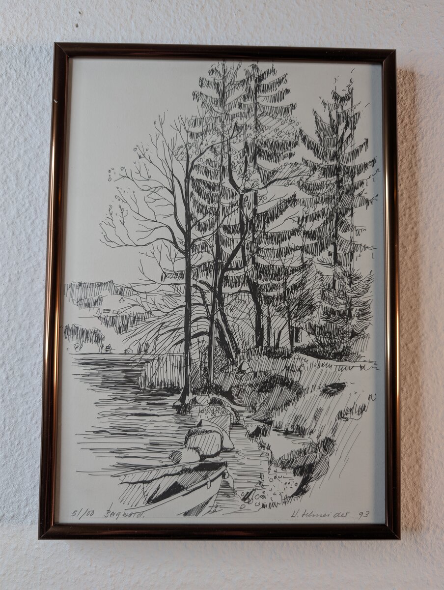 Bergwald – Original Tuschezeichnung einer Uferlandschaft, signiert U. Schneider 1993, Auflage 51/100