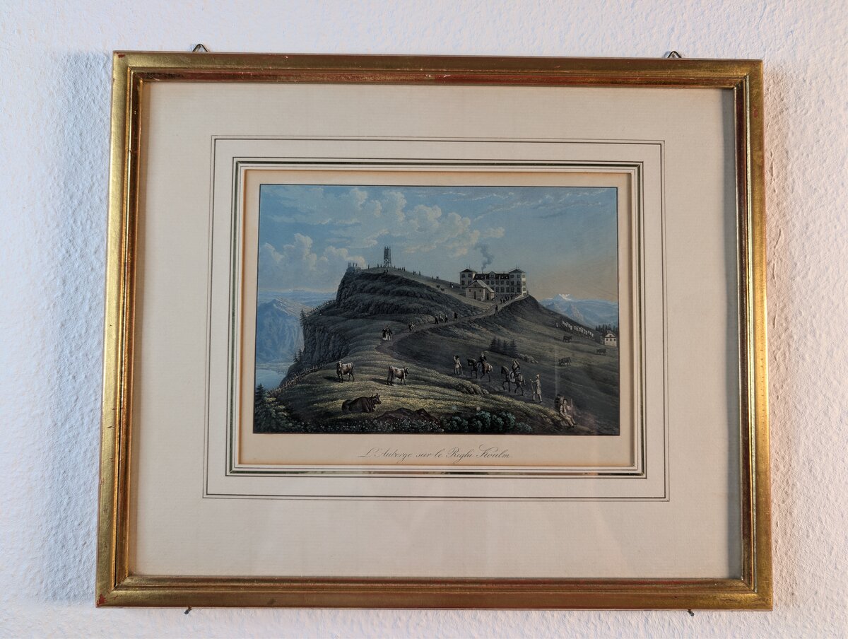 リギ・クルムの山岳ホテル（L'Auberge sur le Righi Koulm）、ディケンマン工房による手彩色アクアチント、1850〜1865年頃の作品です