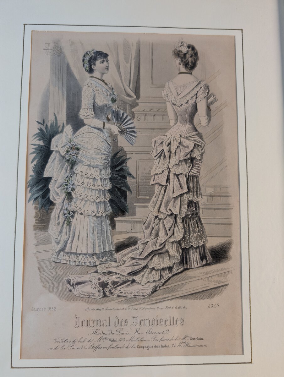 Paris Ball Fashion, January 1882: Two Ladies in Evening Gowns, Hand-Coloured Steel Engraving from the 'Journal des Demoiselles'