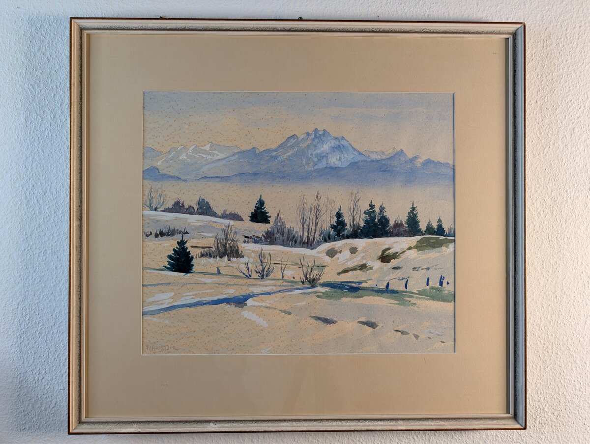 H. Hartlieb – Winterliche Voralpenlandschaft mit Blick auf den Pilatus über dem Nebelmeer, Original-Aquarell