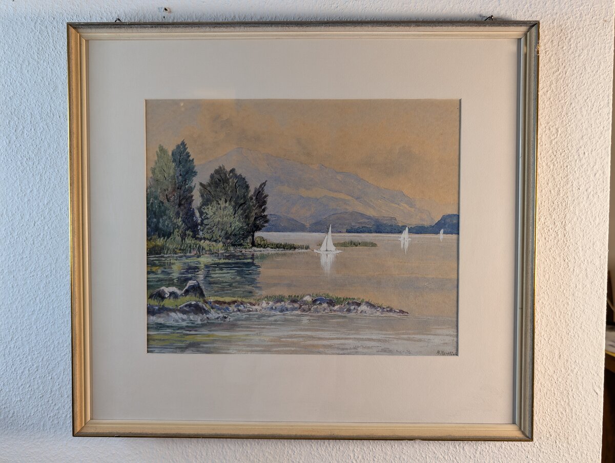 Summer Lake Landscape with Sailboats and Mountain Backdrop – Original Watercolour, Signed H. Hartlieb
