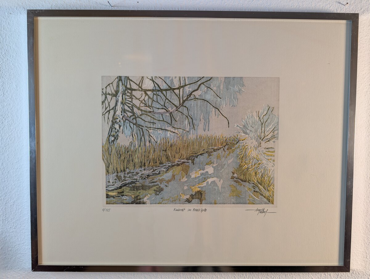 Rauhreif im Reussspitz – signierter Farbholzschnitt, nummeriert 6/135, Winterlandschaft am Zuger Reussufer