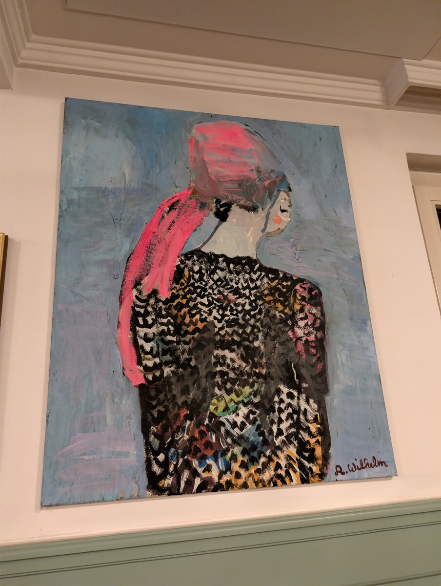 A. Wilhelm – Woman with Pink Headscarf Seen from Behind, Expressive Figure Painting on Canvas